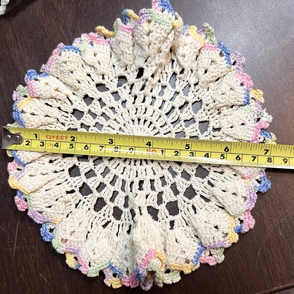 Lot of‎ 4 Vintage Hand Crochet Doilies – Ivory & Pastel Lace Set – Mixed Sizes